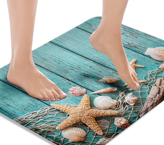 Britimes Bath Mat for Bathroom, Beach Seashells Starfish Sand Washable Cover Floor Rug Carpets Floor Mat Bathroom Decorations 16x24 Inches for Kitchen Bedroom Indoor