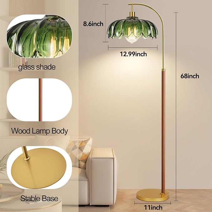 Wood Floor Lamps for Living Room,Gold Floor Lamp with Remote Control & Glass Lampshade,Arc Flower Lamp Dimmable Mid Century Modern Standing Lamp Vintage Farmhouse Tall Floor Lamp For Bedroom Corner