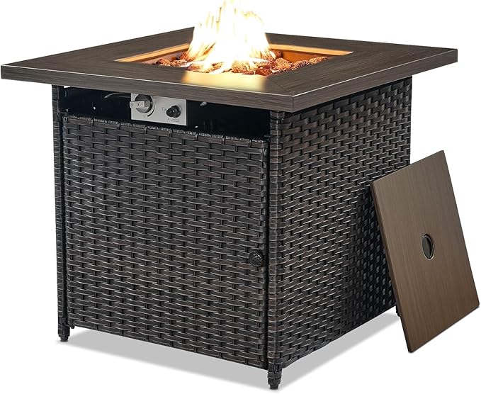 Belord 50000 BTU Propane Fire Pit Table, 30x30x26 Inches, Brown Wicker, Square, Modern Style, Steel, Powder Coated Finish