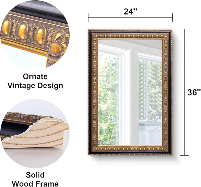 Vintage Mirror for Wall, 36" L x 24" W Baroque Mirror with Carved Wood Frame and Handmade Aged Gold Finish, Horizontal/Vertical Hanging, Rectangular Mirrors for Living Room Bathroom Fireplace