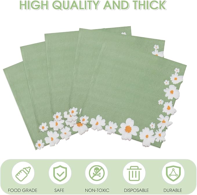 100 Pack Floral Napkins Decorative, Green & White Flowers Dessert Napkins 4-Ply Disposable Paper Luncheon Dinner Napkins for Wedding Birthday Baby Shower Bridal Party Picnics Folded 6.5 x 6.5 Inches