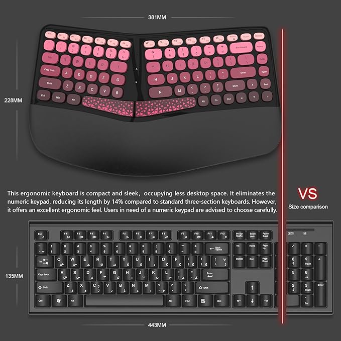 Ergonomic Wireless Keyboard and Mouse Set Wireless Keyboard Silent Mice Set with Wrist Rest for Computer, Laptop, PC, Mac, Windows Black Pink