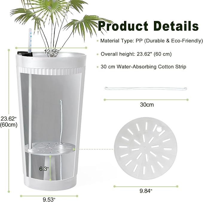 24" Tall Self Watering Planters for Indoor Plants, 2 Pack Large Plastic Outdoor Planter Pots with Built-In Water Reservoir and Level Indicator, Decorative Modern Flower Pots for Home & Patio (White)
