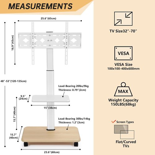 Hellsehen Rolling TV Stand - Height Adjustable Mobile Cart for 32-70 Inch Screens | Lockable Wheels & Laptop Shelf - White
