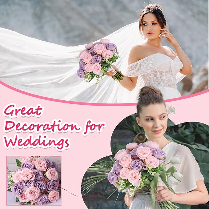Olgaa 12 Bundles Peonies Artificial Flowers Artificial Peonies Silk Flowers Bulk Fake Peony Bouquet for Bridal Shower Decorations Wedding Table Centerpiece (Pink Purple)