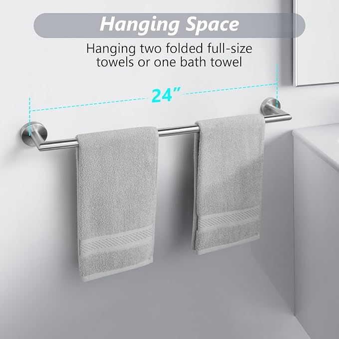 Bathroom Towel Bar 24 Inch Towel Rack Wall Mount Bath Towel Holder Modern Towel Rod Silver Bath Towel Hanger Stainless Steel Brushed Finished Bathroom Accessories Towel Rail Single Bar Brushed Nickel