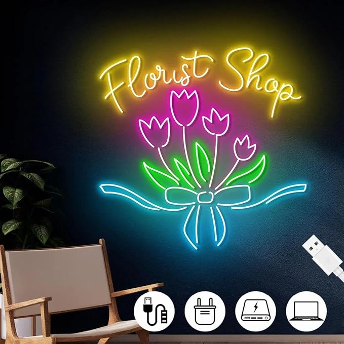 Florist Shop Neon Sign - Dimmable, Customizable Colors, Ideal Flower Neon Sign & Neon Signs for Wall Decor, Perfect for Romantic Bedrooms, Floral Studios, Flower Enthusiasts' Spaces, Great Gift for Floral & Romantic Style Lovers