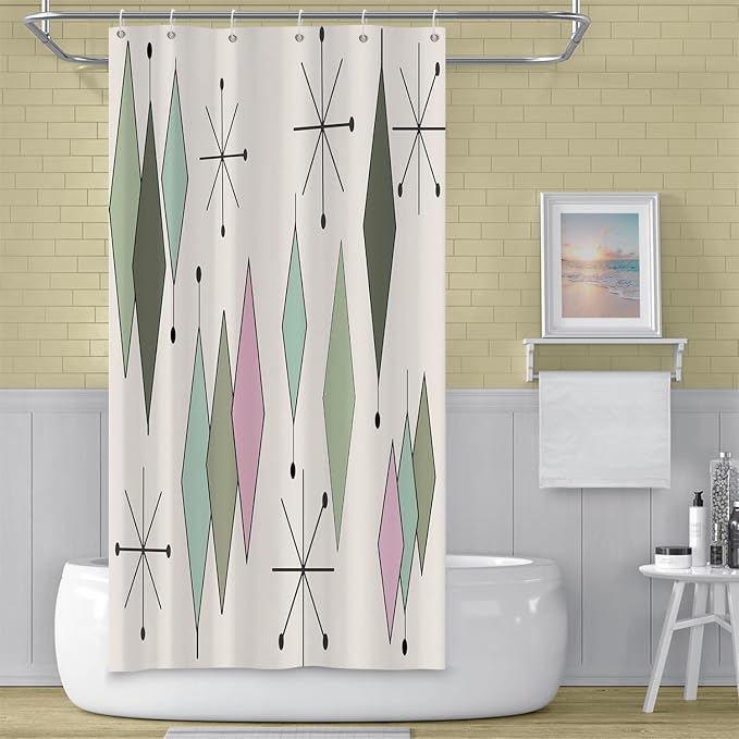 Mid Century Shower Curtain Modern Abstract Green Pink Diamond Geometric Atomic Starburst Pattern for 1950s Retro Bathroom Decor Accessories Shower Curtain Set with 12 Hooks, 36x72 Inches
