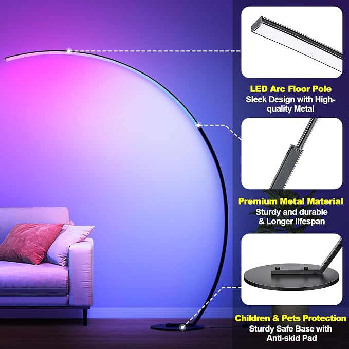 RGB Floor Lamp with 3 Color Temperatures, Ultra Bright 1800LM Smart Arc LED Floor Lamp with Remote Control, Music Sync, Scene Modes, Modern Standing Tall Lamp for Bedroom Living Room Gaming Rooms