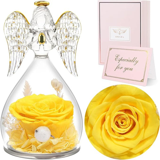 Sunia Preserved Flower Rose Gift for Women - Mother's Day Birthday Gifts for Mom Wife Grandma, Glass Angel Figurines Forever Real Roses Gifts for Her Valentine Day Thanksgiving﻿ (Yellow)