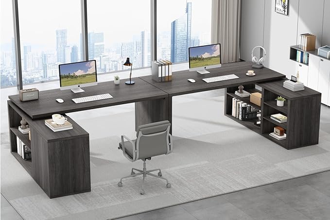 HSH L Shaped Computer Desk, Rustic Wood Corner Desk, Industrial Writing Workstation Table with Cabinet Drawer Storage for Home Office Study, Grey 55 inch