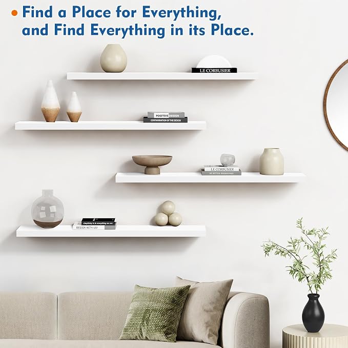 Harwaya White Wood Floating Shelves 36 Inches Long Set of 2, Large Modern Wall Shelves for Bathroom Bedroom Closet Living Room Office Books Plants Legos Art Décor Picture Frames (White)