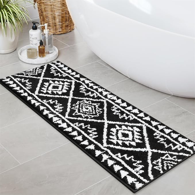 Uphome Boho Bathroom Runner Rug Black Tribal Long Bathroom Rug Western Non-Slip Washable Bath Mat Luxury Soft Absorbent Modern Bath Rugs for Shower Kids Room Entryway, 18x47 inch