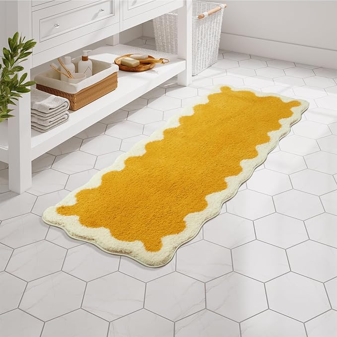 Uphome Bathroom Rug Runner, Cute Long Irregular Shaped Bathroom Rug Absorbent Non Slip, 18x47 Machine Washable Soft Shaggy Microfiber Bath Mat for Floor, Tub, Shower, Yellow