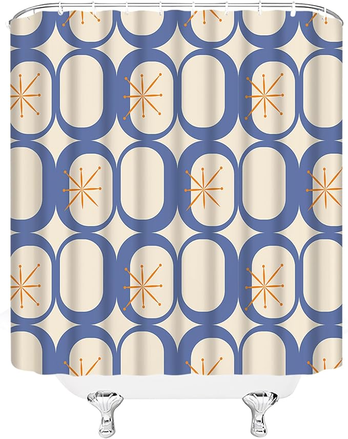 Mid Century Shower Curtain Modern Abstract Atomic Starbursts Squares Retro 50s Geometric Bathroom Decor Polyester Curtains with Hooks