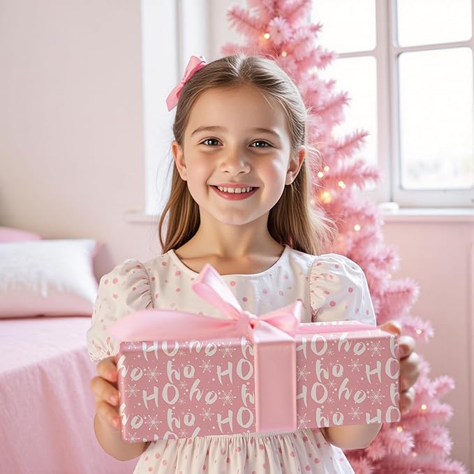 PlandRichW Pink Christmas Wrapping Paper 12 Sheets Folded for Girls Kids Adults, 20 x 29 inches Gift Wrap 4 Designs including HO Prints, Santa Claus, Snowflakes and Reindeer Holiday Collection