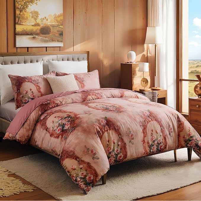 100% Cotton Duvet Cover Set King Size – Pink French Vintage Rose Bedding with Zipper Closure, 3-Piece Luxury Romantic Shabby Chic Floral Comforter Cover with 2 Pillowcases