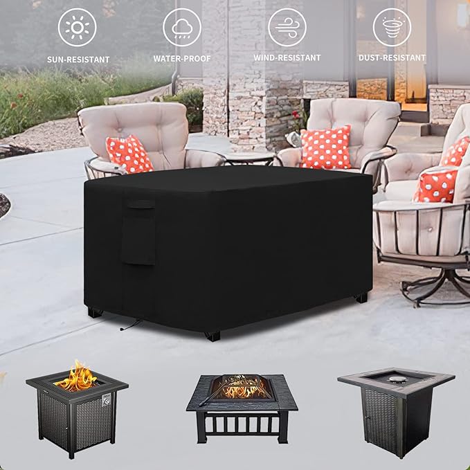 Easy-Going Outdoor Fire Pit Cover Rectangle 48" Lx28 Wx24 H, Durable Outdoor Gas Firepit Cover, Waterproof and Weatherproof Cover for Fire Pit, Black