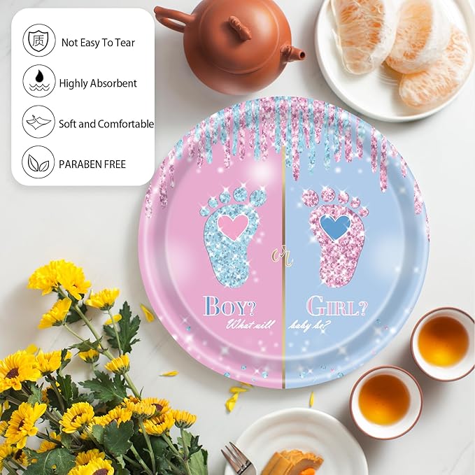 72 Pcs Gender Reveal Paper Plates and Napkins, Baby Shower Decorations Pink or Blue Gender Reveal Party Plates and Napkins Tableware Set for Boy or Girl Party Serves 24