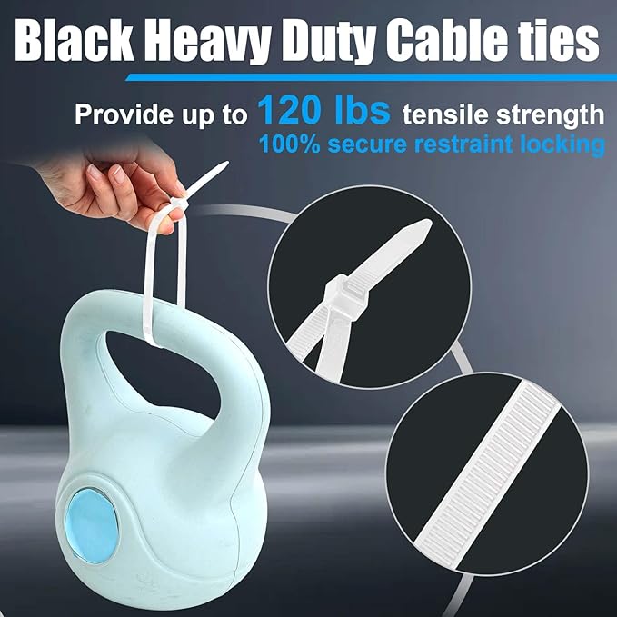 Reallnaive 500 Pcs 8 Inch Zip Ties Heavy Duty 120 Lbs Tensile Strength White Nylon Wire Cable Ties Bulk for Indoor Outdoor