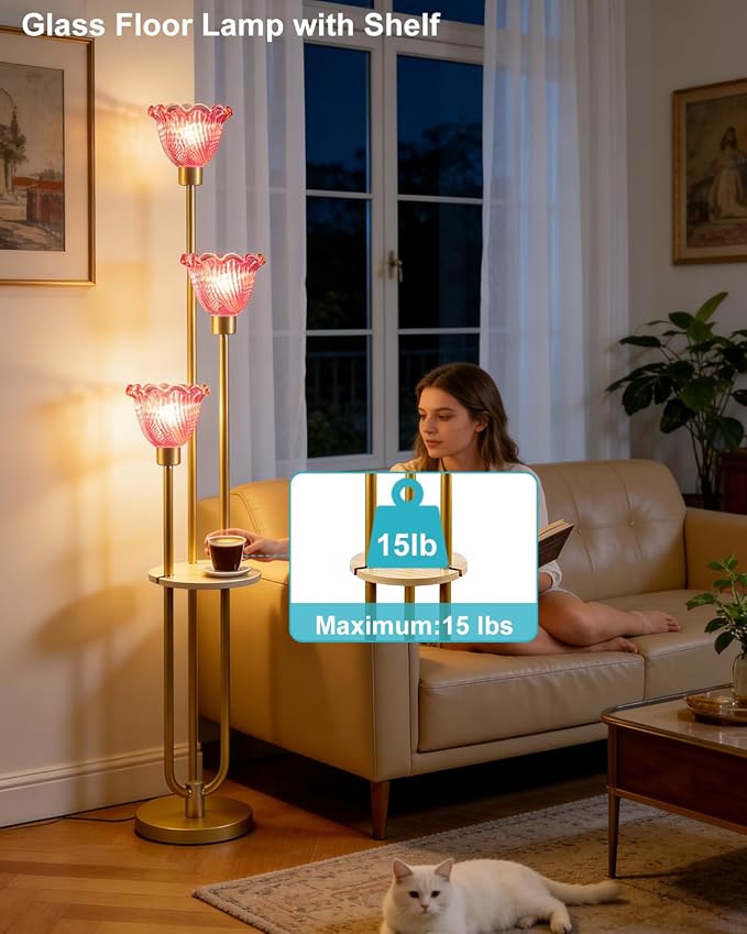 Lightdot Glass Floor Lamp for Living Room Gold Floor Lamp with Rose Red Glass Shade & 3000K Bulbs Included Modern Tall Standing Lamp with 5Lbs Heavy Base for Bedroom/Sofa Beside/Corner Decor