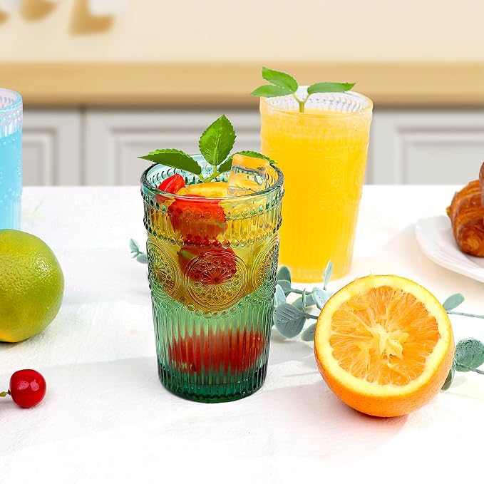 Loivttvv 6pcs Vintage Drinking Glasses Set, 12 oz Dark Green Highball Glasses, Embossed Ribbed Glassware Cups for Cocktail, Water, Juice, Coffee, Whiskey