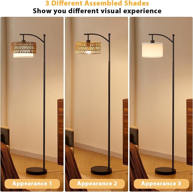 Ambimall Arc Floor Lamp for Living Room with Remote, Color Temperature & Brightness Adjustable, Boho Standing Lamp with Rattan & Fabric Double Drum Shades, Bulb Included(Black)