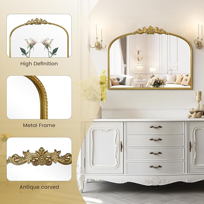 WallBeyond Gold Vintage Mirror for Vanity 32x24 Inch, Gold Antique Mirror with Ornate Frame, Arched Vintage Wall for Bathroom, Living Room, Fireplace, Entryway
