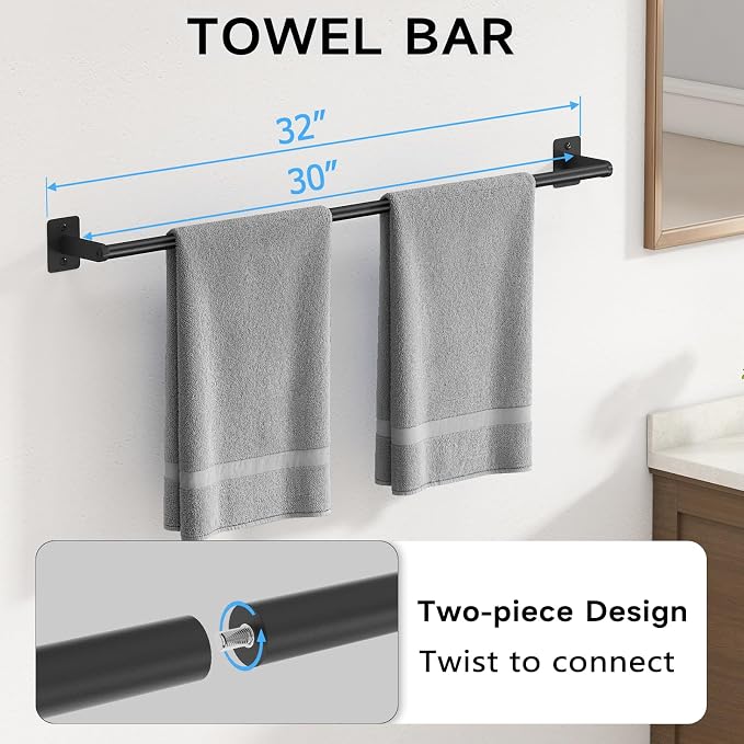 KLJKPA 4 Pieces Bathroom Hardware Set, 32 inch Towel Bar, Matte Black Bathroom Accessories Set, Towel Racks for Bathroom, Robe Towel Hooks, Toilet Paper Holder Wall Mounted