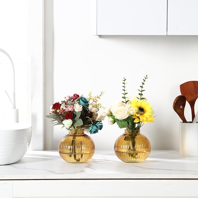 Round Glass Vases, Set of 2 Small Vases for Flowers, Amber Glass Vase for Tulips, Modern Vase for Living Room, Office, Coffee Table, Shelf, Wedding, 5 Inches