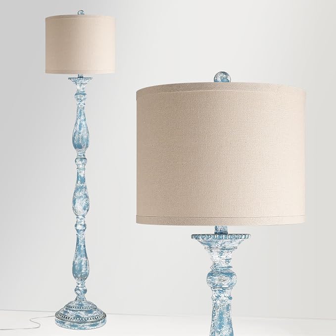 PARTPHONER Vintage Floor Lamp for Living Room, Rustic Farmhouse Standing Lamp with Rotary Switch and Linen Shade, Retro Resin Floor Lamp for Bedroom, Corner, Dining Room, House Decor, Wash Blue