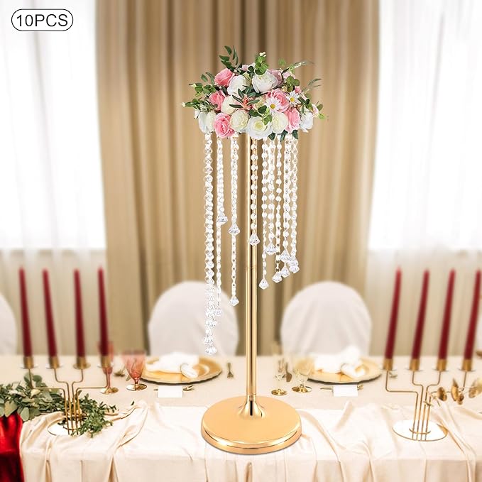 Bud Vases | Vase| 10PCS Gold Crystal Flower Vases | 27.5" Height | Elegant Wedding Centerpieces | Sparkling Crystal Accents | for Wedding Aisle Decor, Wedding Reception, Event Centerpieces