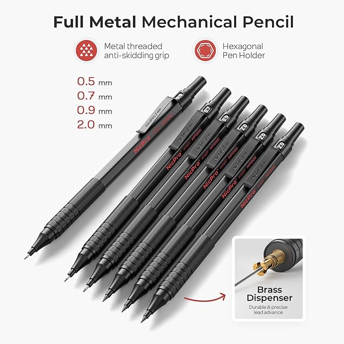 Nicpro 30PCS Black Metal Mechanical Pencil Set in Leather Case, Art Drafting Pencil 0.5, 0.7, 0.9 mm, 2mm Lead Pencil Holders for Sketching Drawing With 16 Tube (6B 4B 2B HB 2H 4H Colors)Lead Refills