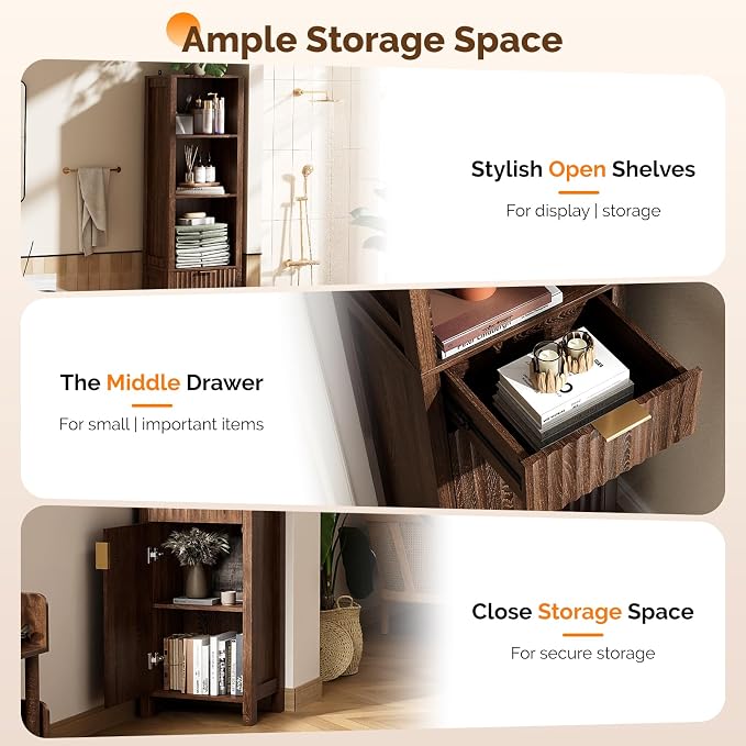 VINGLI 68" Tall Narrow Bathroom Storage Cabinet, Slim Freestanding Floor Cabinet with Fluted Door & Drawer, 12 Inch Deep Skinny Wood Organizer for Small Spaces, Kitchen & Living Room, Dark Walnut