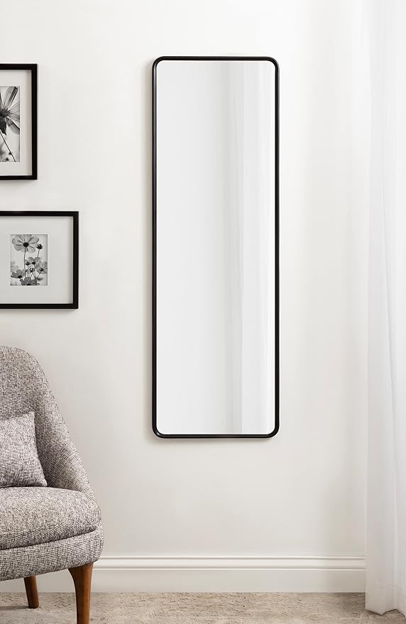 Kate and Laurel Caskill Modern Framed Full-Length Rounded Rectangle Mirror; 16 x 48; Black; Narrow Decorative Round Rectangular Statement Mirror for Wall