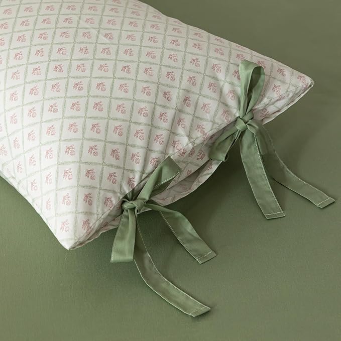 AOJIM Pink Floral Print Bedding Duvet Cover Full Size with Plaid Design, Pure Cotton Kids Adults Comforter Cover Set 3pcs for Room Decor, 1 Soft Quilt Cover and 2 Pillowcases with Bow Ties, No Duvet