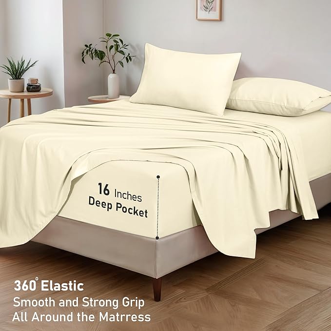 RUVANTI Flannel Sheets Queen Size - GOTS Certified 100% Organic Cotton, 4 Piece Warm, Soft & Breathable Set, Deep Pocket Snug Fit, Double Brushed Cozy All Season Bedding, Winter White