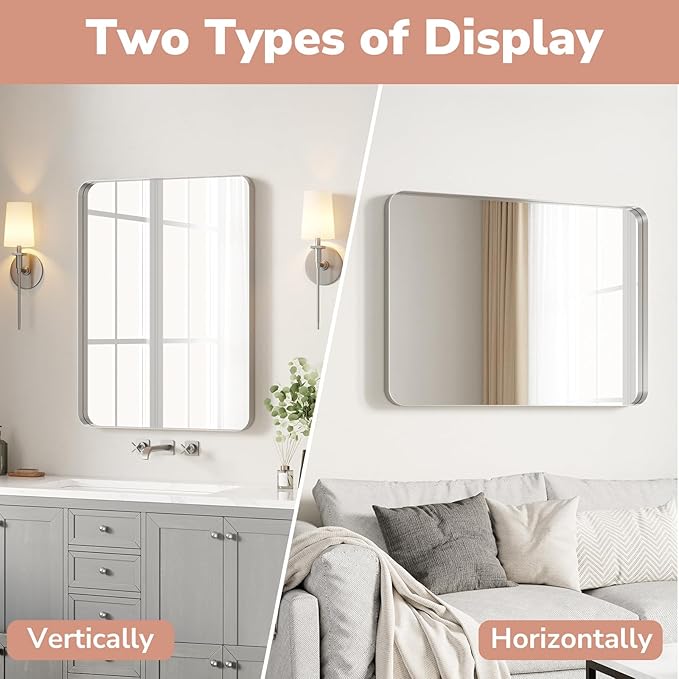 USHOWER Brushed Nickel Bathroom Mirror 30"x40", Silver Rectangle Mirror for Over Sink, Rounded Corner, Aluminum Frame, Anti-Rust, Tempered Glass, Horizontal or Vertical Mounted