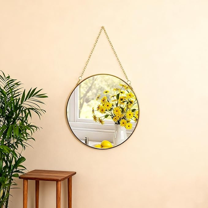 8-inch Modern Round Wall Mirror with Metal Frame and Hanging Chain, Suitable for Entryway, Hallway, or Bathroom Small Gold Metal Frame Mirror (Gold, 8 inch)