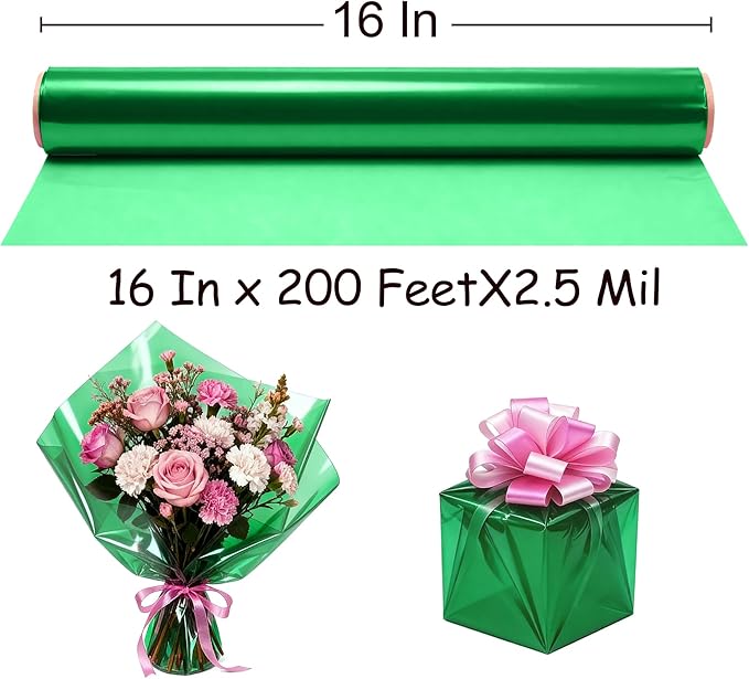 200 ft Green Cellophane Wrap Roll (16 In x 200 Feet) - 2.5 Mil Thick for Gift Baskets, Bouquets, Party Decorations