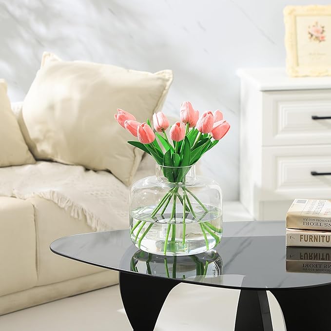 Round Glass Vase, Wide Glass Vase, Large Clear Vases for Flowers, 8 Inch Large Flower Vases for Living Room, Dining Table, Wedding, Bookshelf, Office Decor