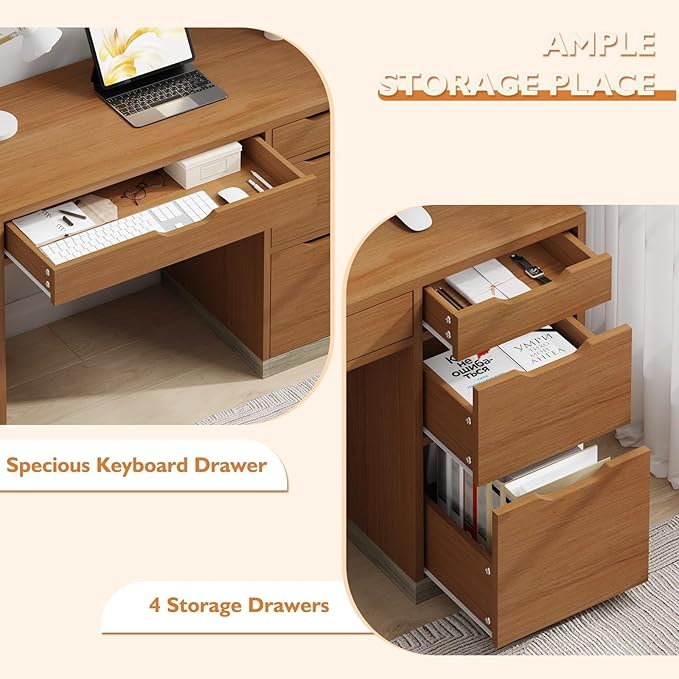 48 Inch Small Office Desk with 4 Drawers for Bedroom, Computer Desk with Storage, Study Desk with Filing Cabinet for Kids, Brown