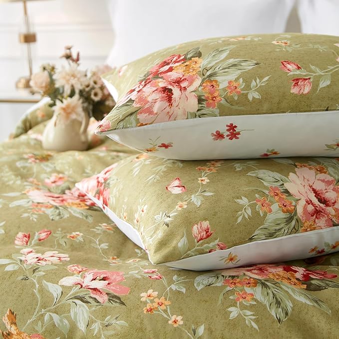 mixinni Duvet Cover Queen Size, Long Staple Cotton Reversible Green Floral Duvet Cover Set with Zipper Ties, 3 Pieces Botanical Pink Flowers and Green Branches Patterns Bedding Set