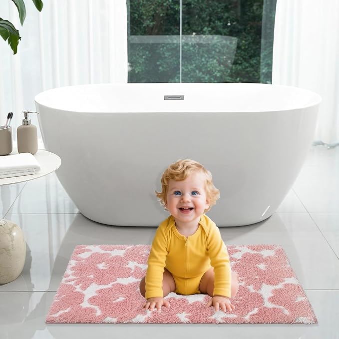 Civkor Pink and White Bathroom Rug, Tufted Flower Bath Mat for Bathroom with Non Slip TPR Backing, Quick Dry Microfiber Surface, Soft and Super Water Absorbent Bath Rug, 24x16Inch