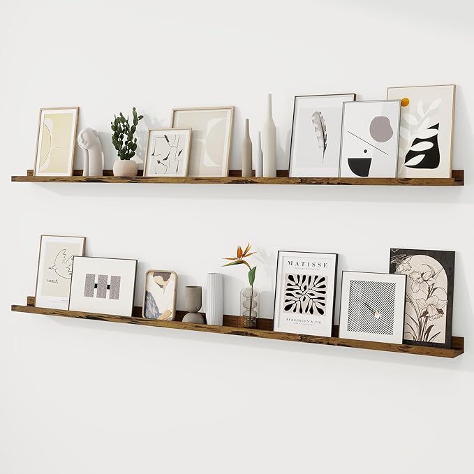 RICHFOCUS Picture Ledge Shelf, 72 inch Floating Shelves Set of 2, Wood Wall Shelves with Lip, Wall Decor Storage for Bedroom Living Room Bathroom Kitchen Nursery Photo Picture, Rustic Brown