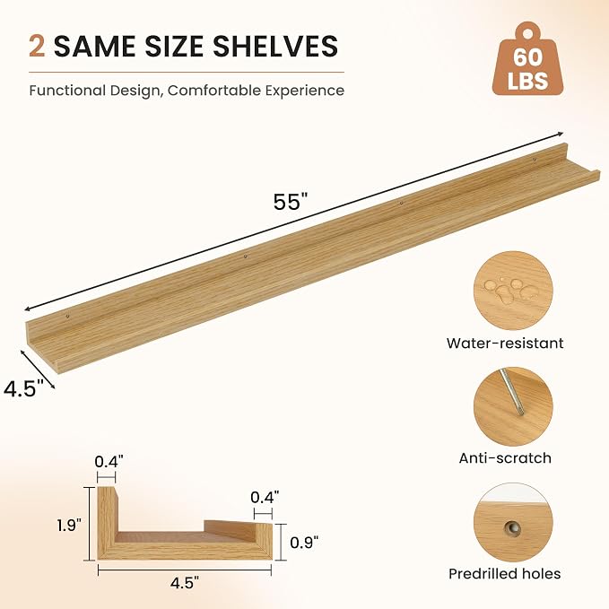 Dreamland Picture Ledge Shelf for Wall, Floating Shelves Set of 2,55 inch Long Floating Shelves with Lip for Living Room,Bedroom,Bathroom,Kitchen,Oak