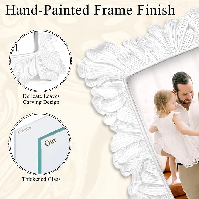 4x6 Vintage Picture Frame White, Ornate Leaves Photo Frame with Glass Front, Elegant Picture Frame for Wall or Tabletop Display, Gift ldeas for Home Decor