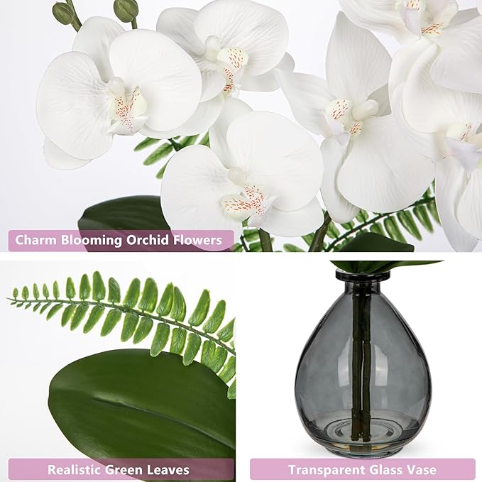 Oairse White Orchids Artificial Flowers, Faux Orchid in Glass Vase Real Touch Small Phalaenopsis Orchid Flowers Arrangements with Black Vase Orchids Centerpiece for Dining Room Table
