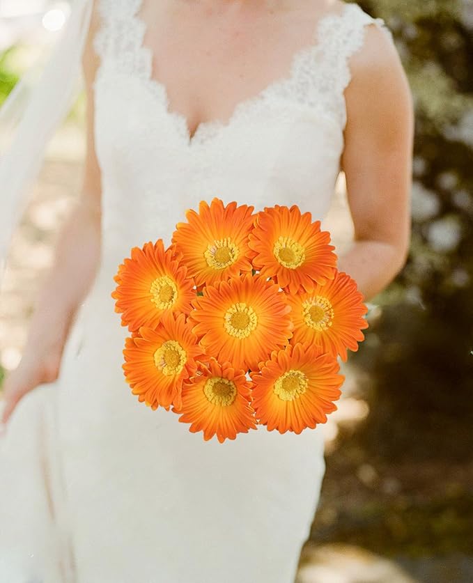 Orange Flowers Artificial Gerbera Daisies 8Pcs PU Daisy Flowers 11.8 Inches Small Artificial Flowers for Vase Wedding Centerpiece Arrangement Living Room Home Decor