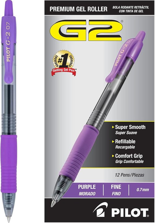 PILOT G2 Premium Gel Pens - Refillable & Retractable, Fine Point, Purple Ink, 12-Pack